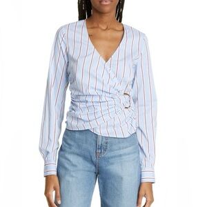 Veronica Beard Ozzie wrap-effect striped cotton-blend poplin top